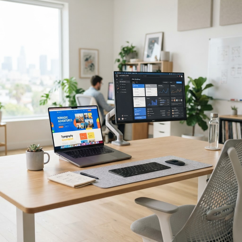 Modern web design studio workspace with a laptop and monitor showing website layouts